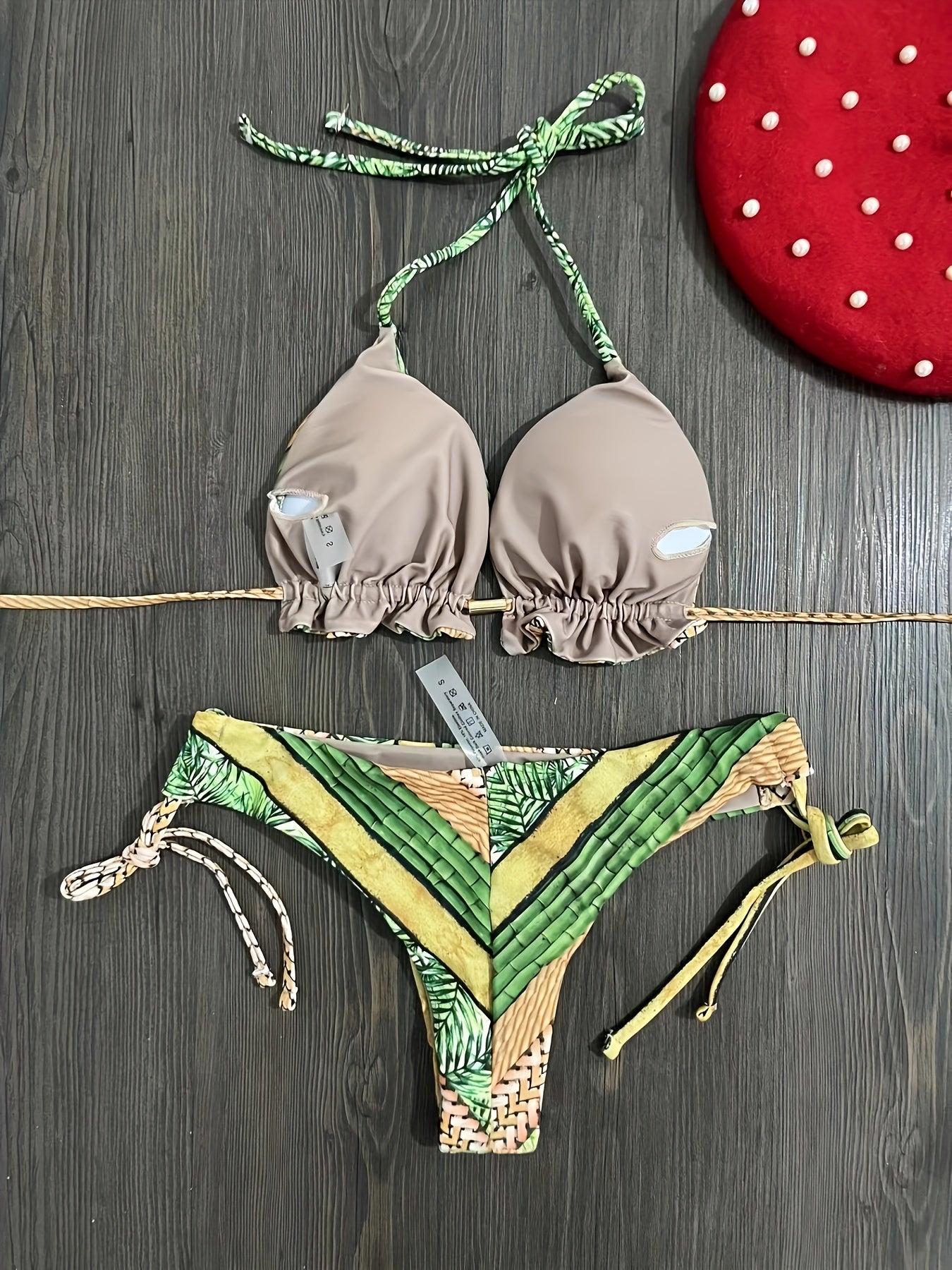 Colorblock Triangle Bikini Set Halter Neck High Cut Swimsuit