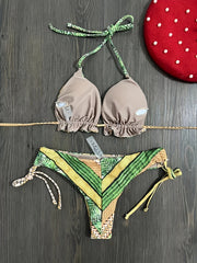 Colorblock Triangle Bikini Set Halter Neck High Cut Swimsuit