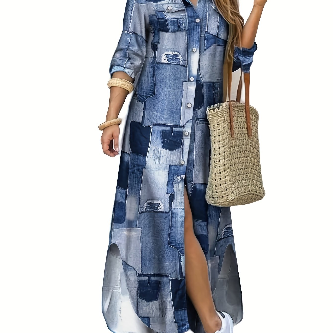 Denim Print Button Shirt Dress Casual Long Sleeve Dress