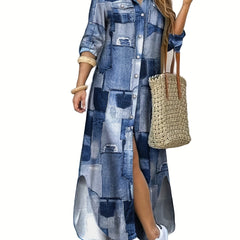 Denim Print Button Shirt Dress Casual Long Sleeve Dress