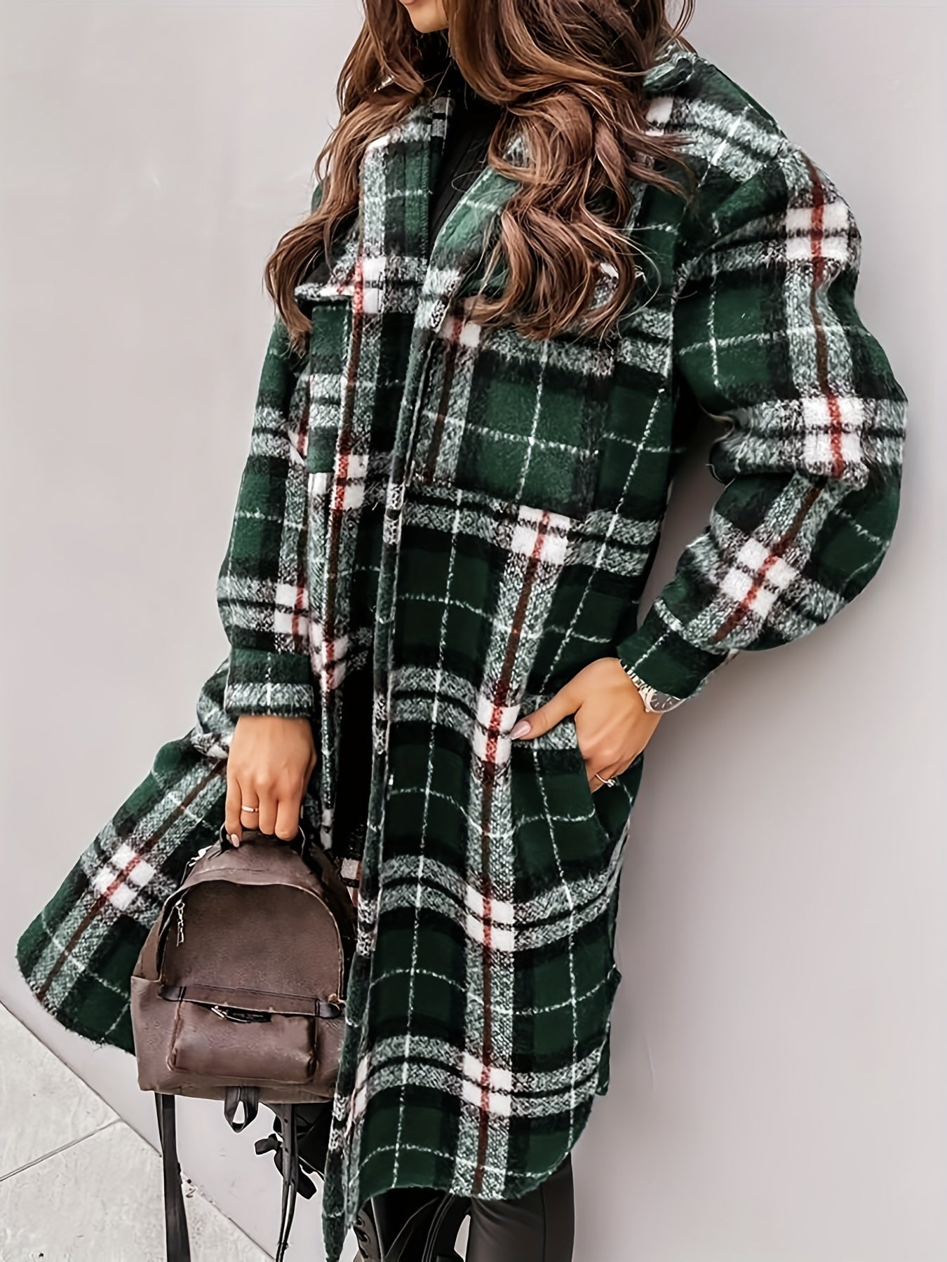 Plaid Print Shacket Jacket Casual Button Front Turn Down Collar
