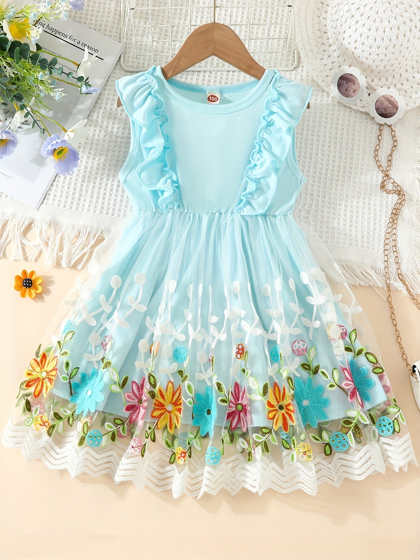 Toddler Girls Sleeveless Ruffle Trim Floral Embroidery Mesh Princess Dress