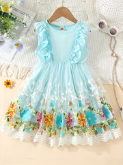 Toddler Girls Sleeveless Ruffle Trim Floral Embroidery Mesh Princess Dress