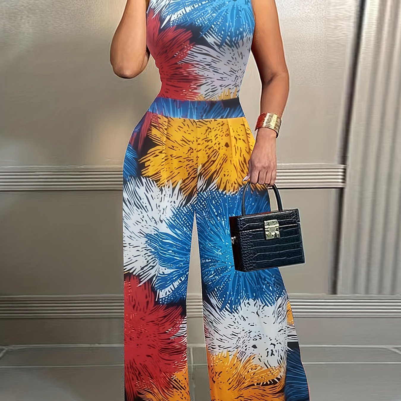 Firework Print Slim Wide Leg Jumpsuit Sleeveless Casual Jumpsuit
