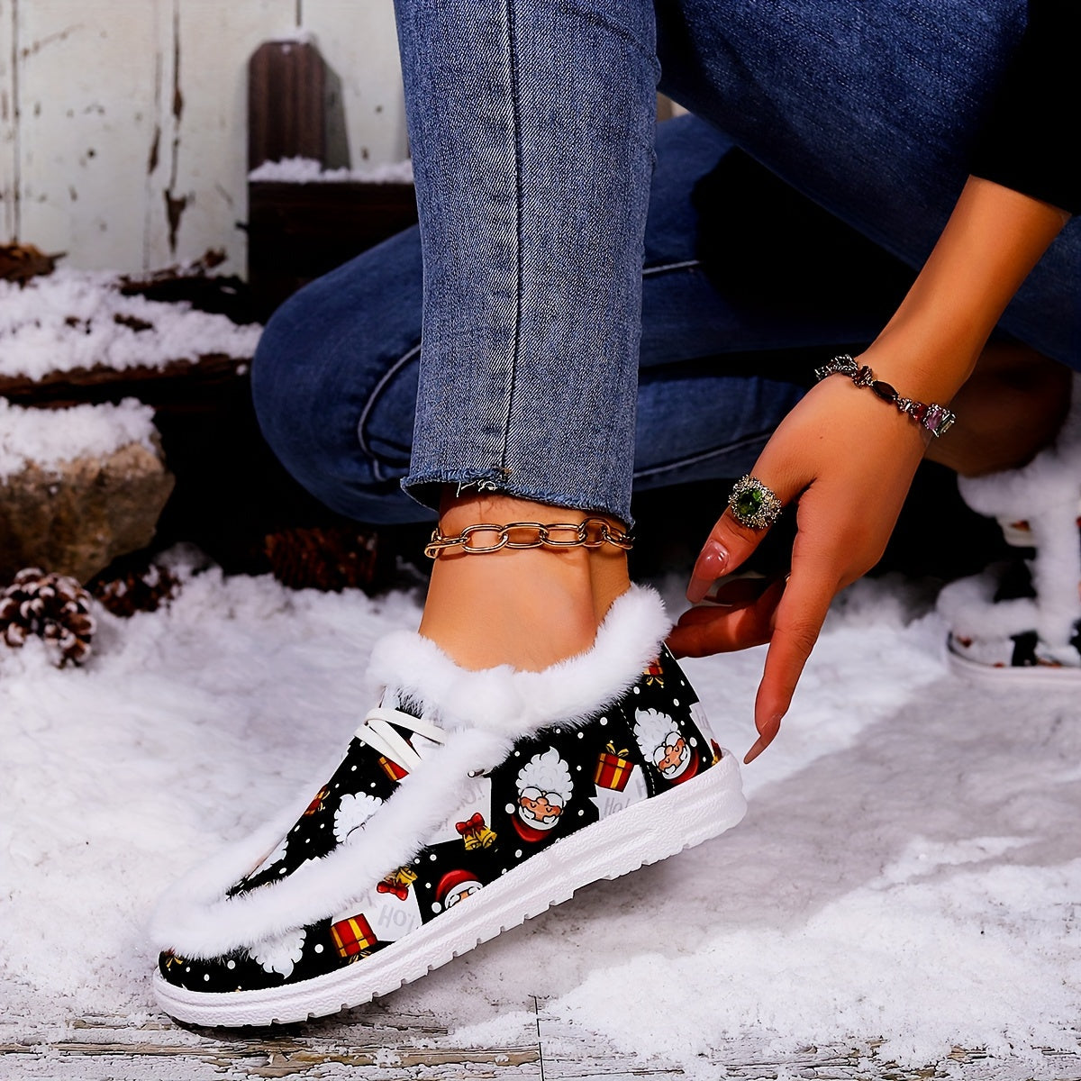 Women's Winter Christmas Style Snow Boots with Santa & Gift Motifs