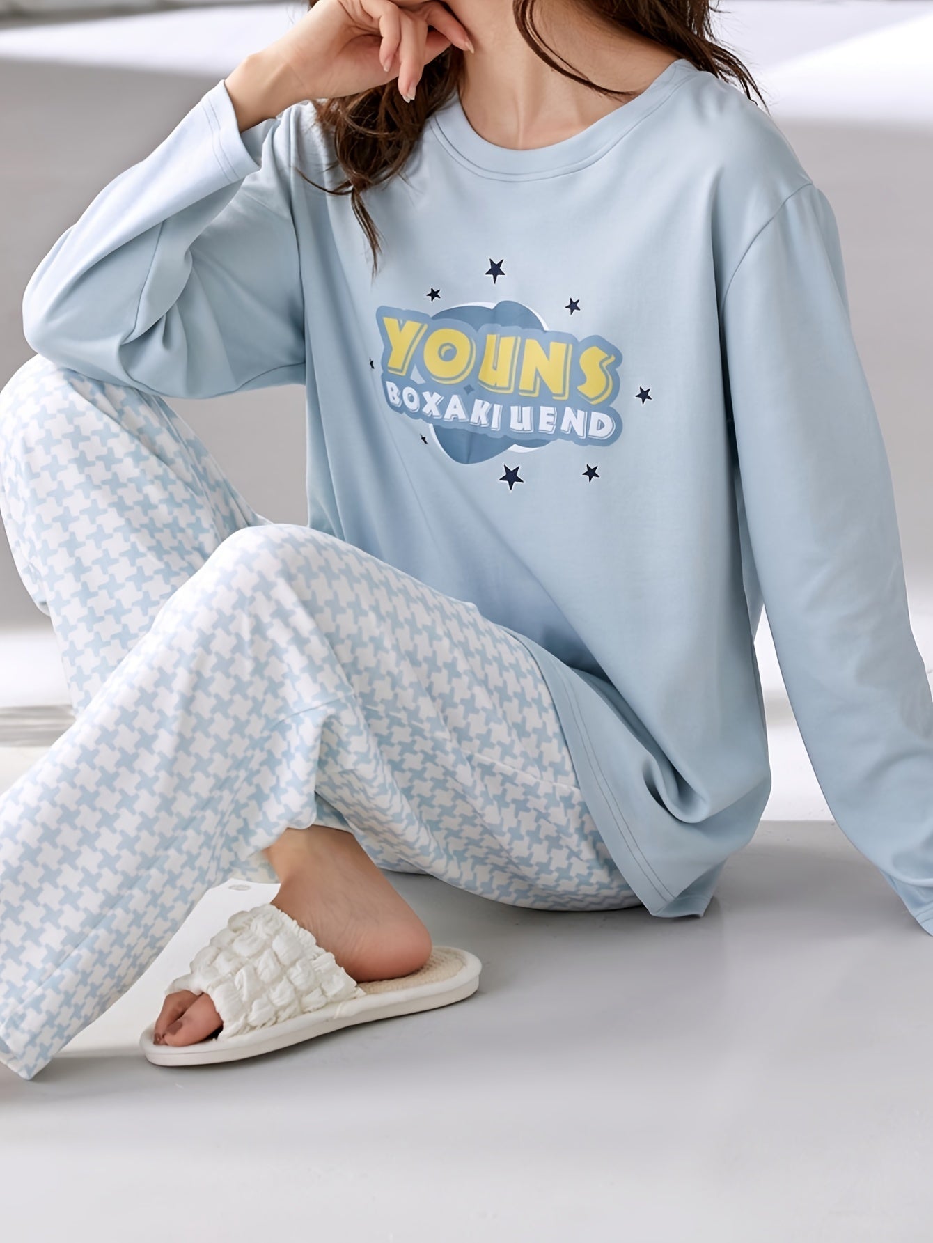 Letter Print Lounge Set Long Sleeve Crew Neck Top & Pants