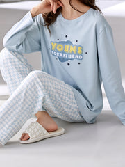Letter Print Lounge Set Long Sleeve Crew Neck Top & Pants