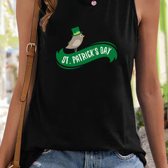Bird & Letter Print Sleeveless Sports Vest Round Neck Stretchy Casual Top