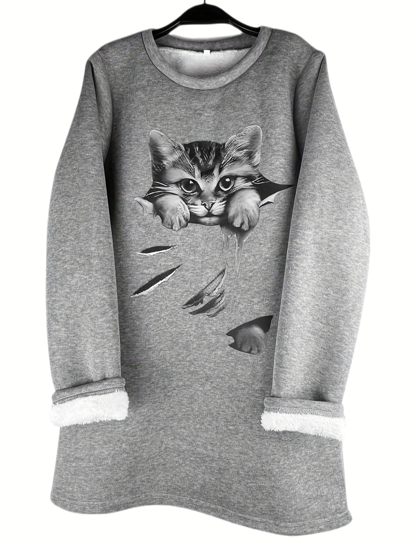 Cat Print Fuzzy Sweatshirt Long Sleeve Crew Neck Women's Clothing