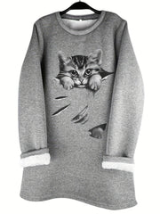 Cat Print Fuzzy Sweatshirt Long Sleeve Crew Neck Women's Clothing