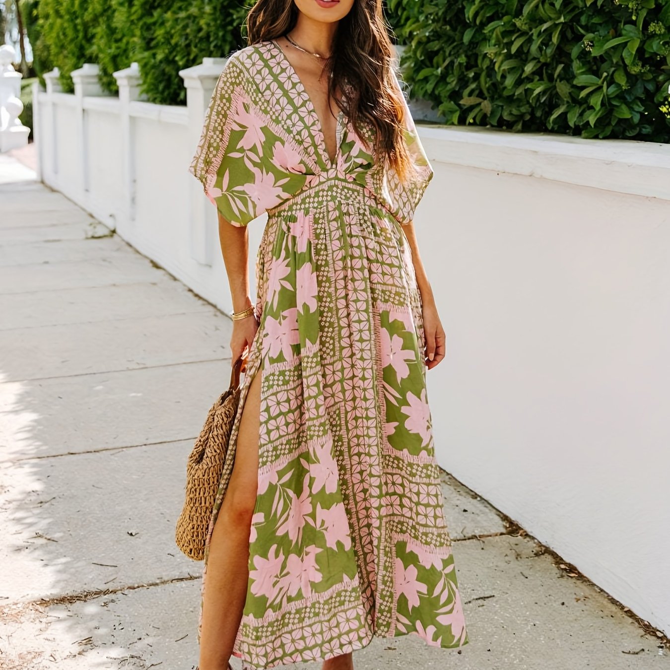Floral Print Split Thigh Dress Vacation Plunging Maxi Dress