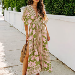 Floral Print Split Thigh Dress Vacation Plunging Maxi Dress