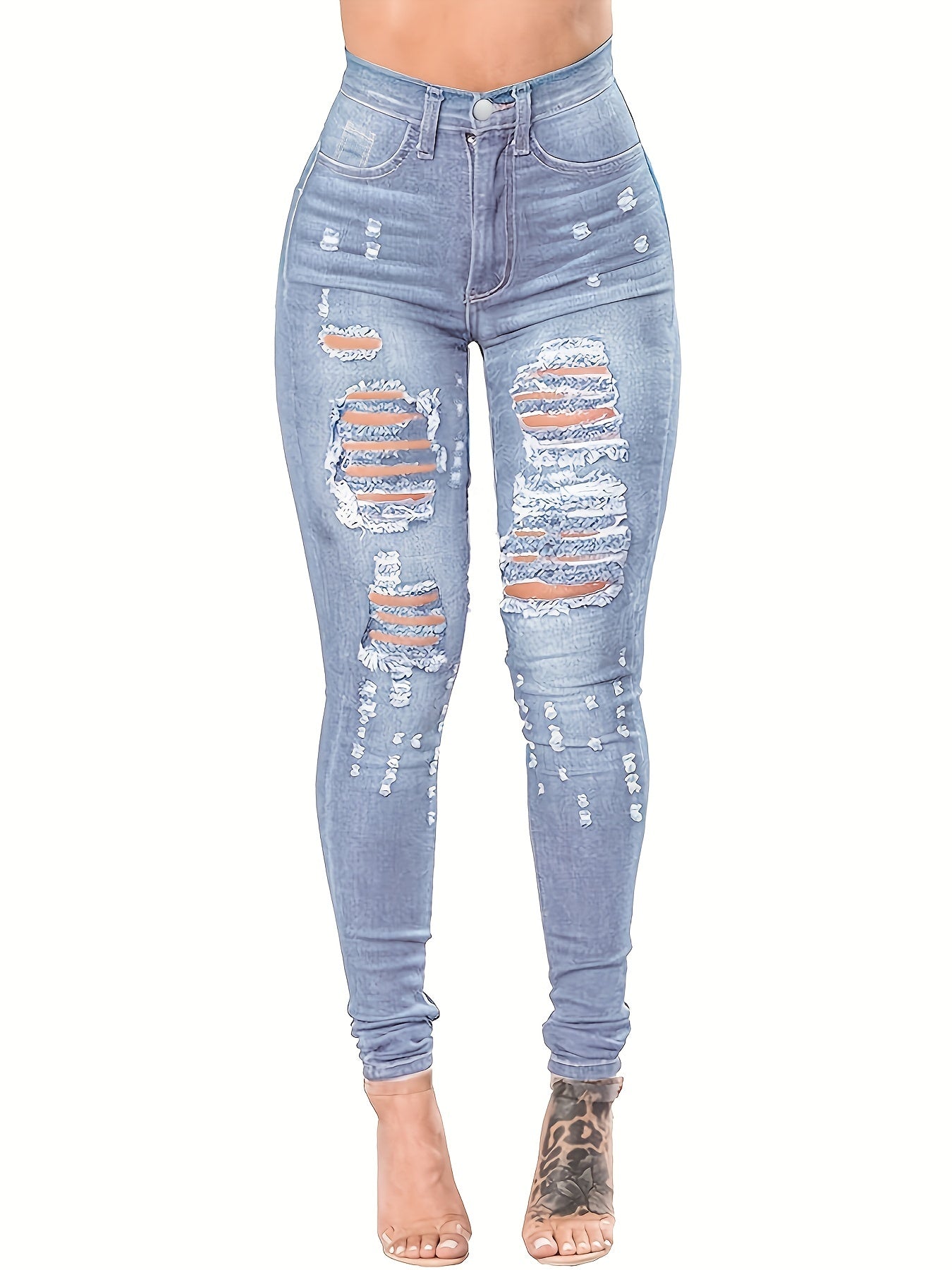Ripped Holes Casual Skinny Jeans Slim Fit Slash Pockets Distressed High Stretch