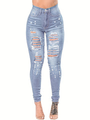 Ripped Holes Casual Skinny Jeans Slim Fit Slash Pockets Distressed High Stretch