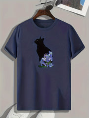 Floral Cat Print Men's Comfy T shirt Active