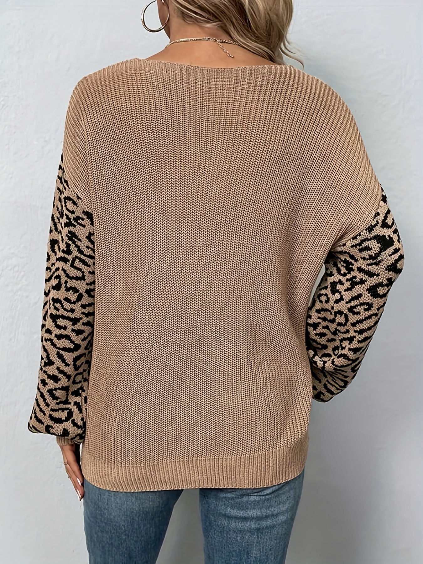 Colorblock Leopard Print Lantern Sleeve Sweater