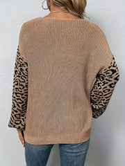 Colorblock Leopard Print Lantern Sleeve Sweater