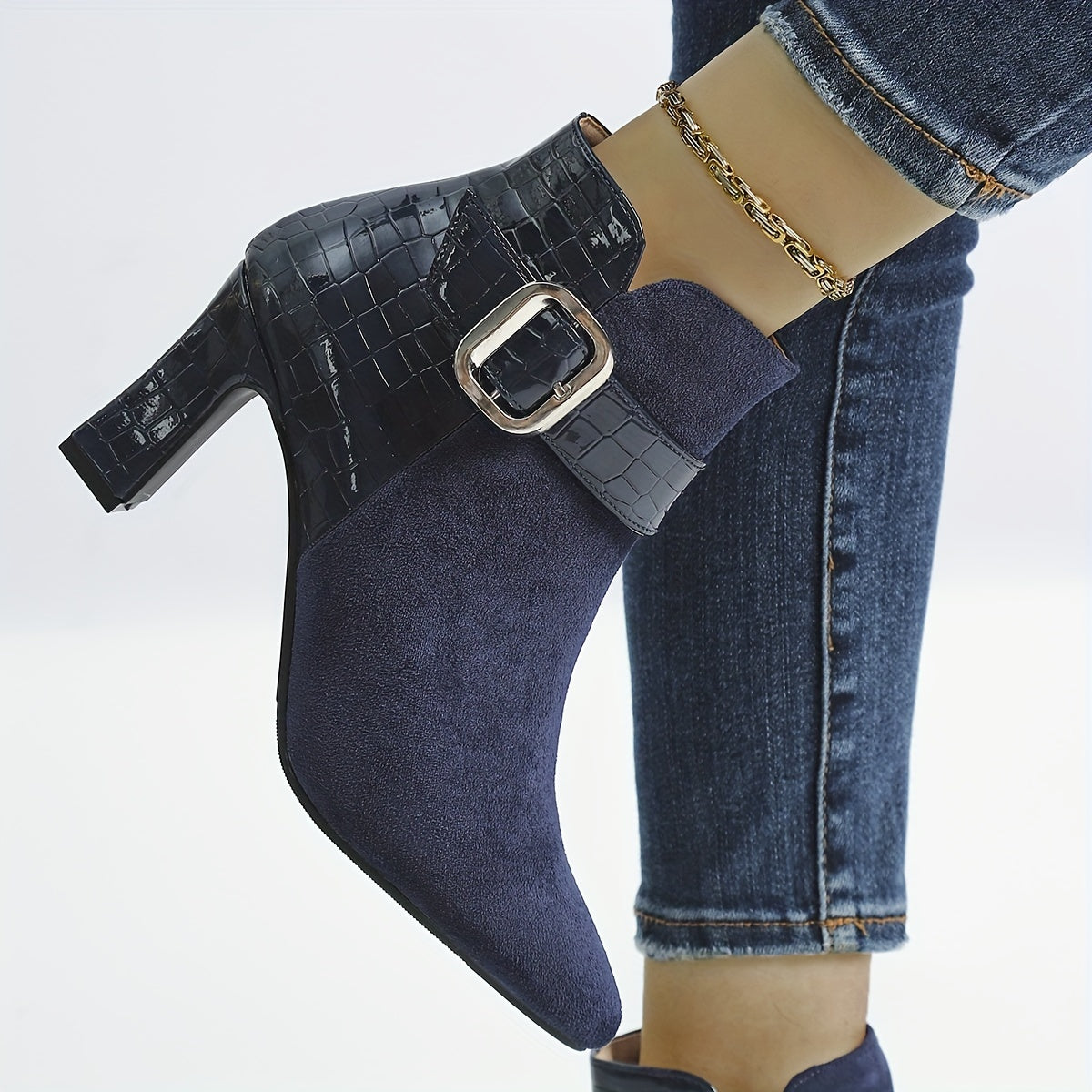 Women's Patent Leather Boots Point Toe Side Zipper Buckle Cone Heel Shoes