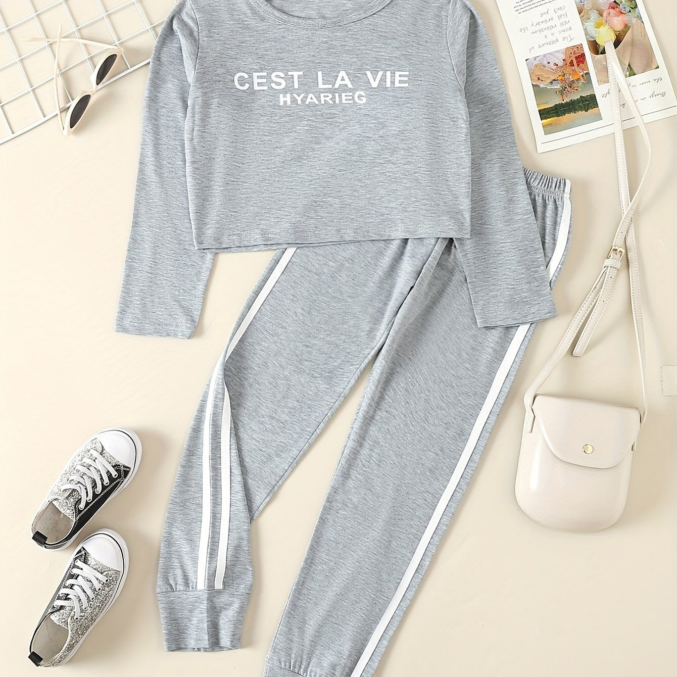 Girls CEST LA VIE 2pc Active Wear Set Crew Neck Top jogger Pants Set