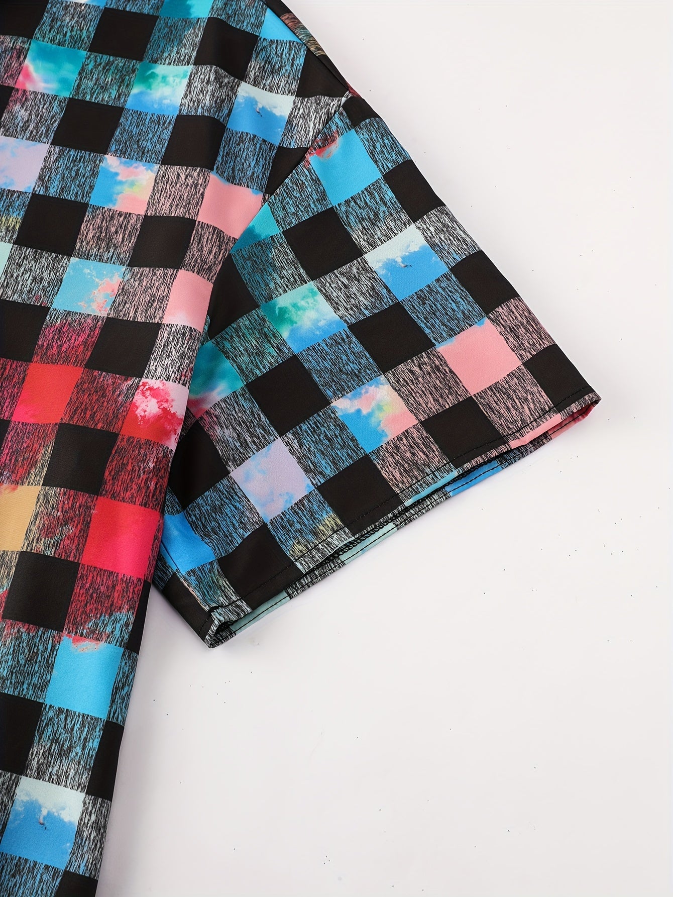 Plaid & Tie Dye Button-Up Short Sleeve Blouse