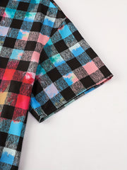Plaid & Tie Dye Button-Up Short Sleeve Blouse
