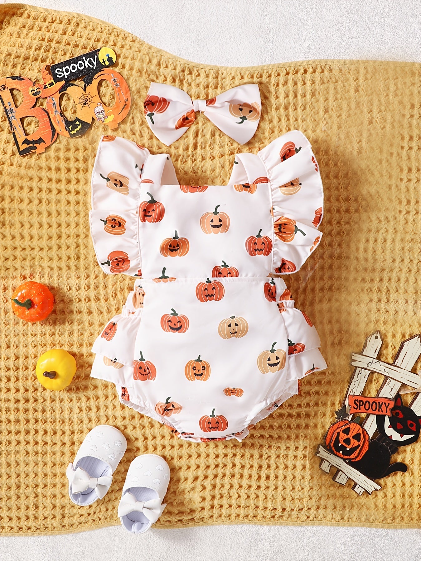 Baby Girls Halloween Pumpkin Print Bodysuit & Headwear Set