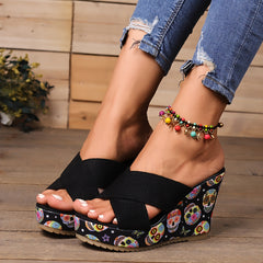 Skull Printed Wedge Sandals, Halloween Calavera Pattern Slip On Platform Shoes