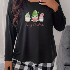 Floral Gnomes & Slogan Print Plus Size Christmas Sleepwear Top