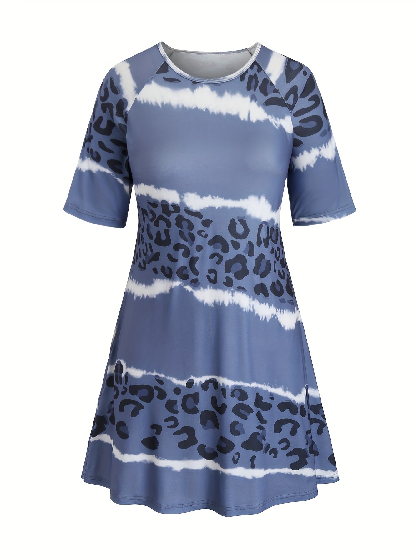 Colorblock Leopard & Tie Dye Striped Raglan Sleeve Sleep Dress