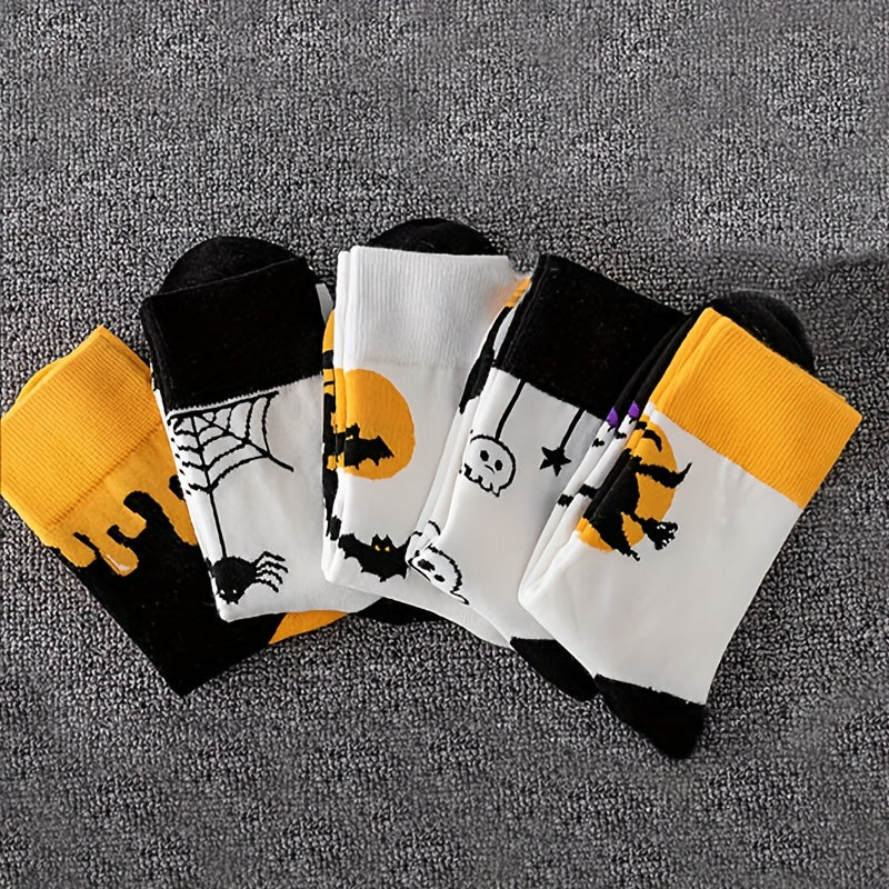 5 Pairs Skull & Bat Print Socks Halloween Crew Socks Women's Stockings