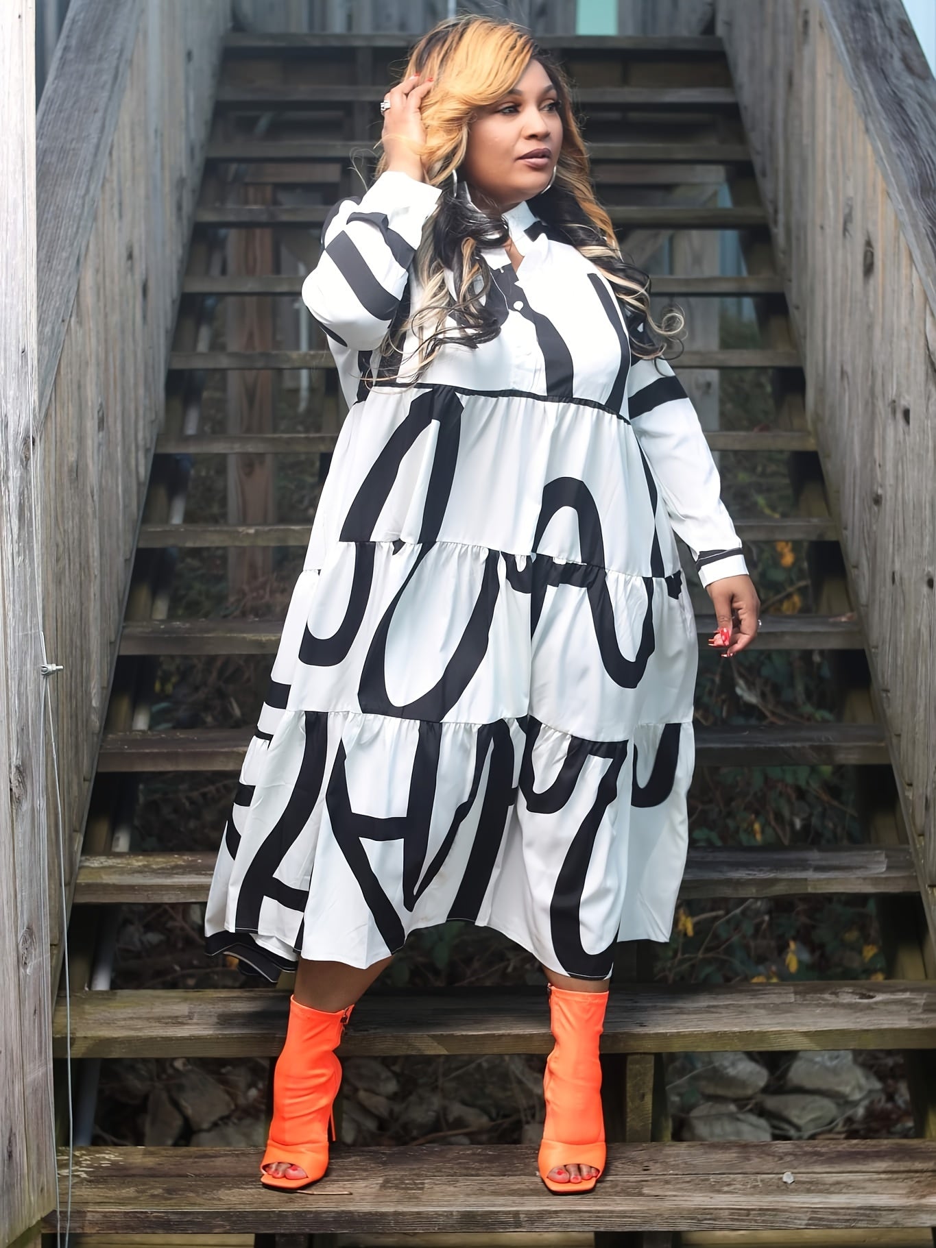 Geometric Print Polo Collar Maxi Dress Women's Plus Size