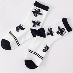 Butterfly Print Mid Tube Socks 2 Pairs Women's Stockings