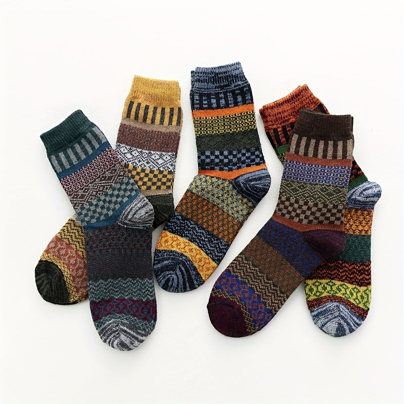 5 Pairs Thick Wool Mid-Calf Socks, Men Women, Autumn Winter