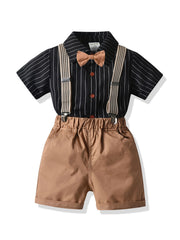 Boys Gentle Outfit Set: Striped Shirt & Suspender Shorts