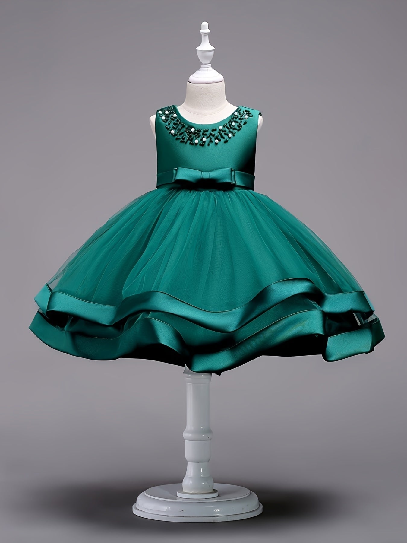 Girls Sleeveless Puffy Princess Dress Beaded Bow Tulle Tutu Dress