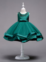 Girls Sleeveless Puffy Princess Dress Beaded Bow Tulle Tutu Dress