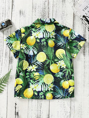 Boys Lemon Leaf & Flower Print Shirt, Summer Vacation Beach Clothes