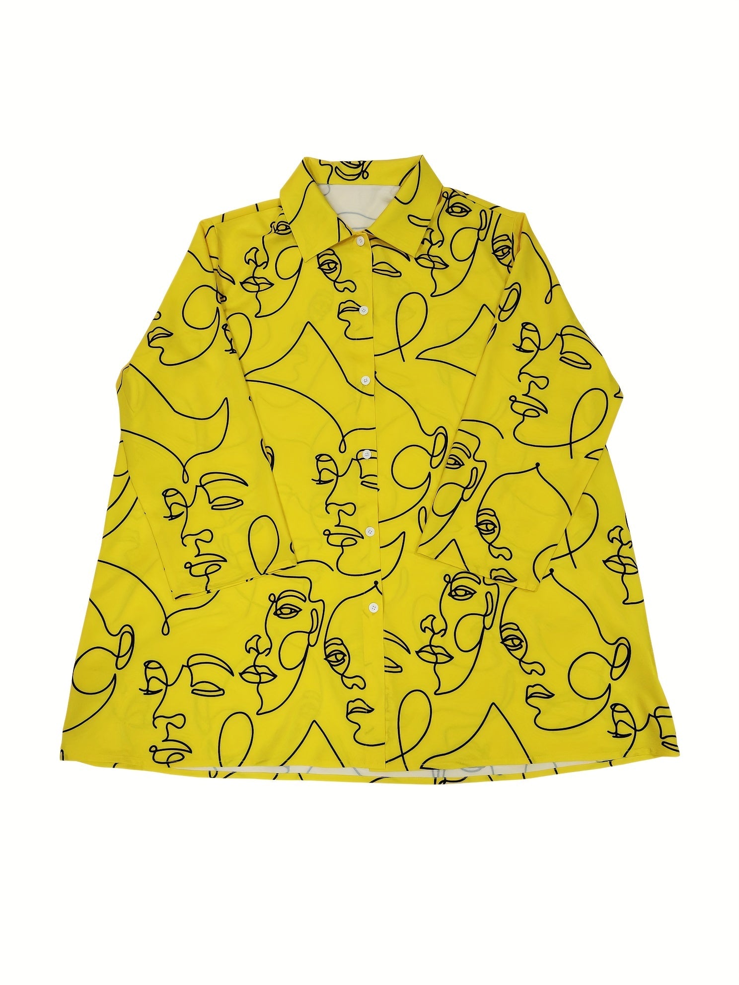 Women's Plus Abstract Face Print Long Sleeve Button Up Shirt & Pants Set