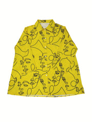 Women's Plus Abstract Face Print Long Sleeve Button Up Shirt & Pants Set