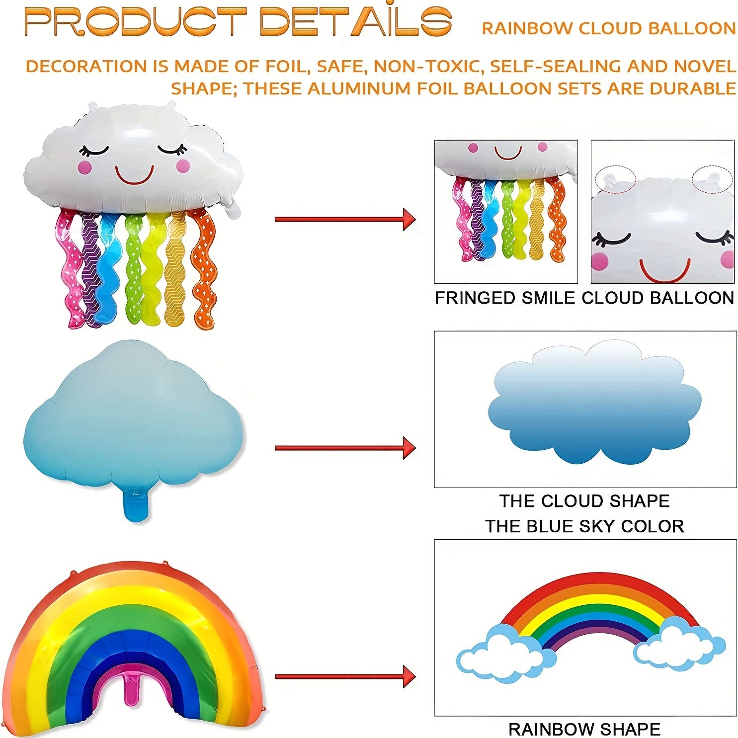 8pcs Rainbow Party Decorations Rainbow Foil Balloon with Tassel & Cloud Balloons