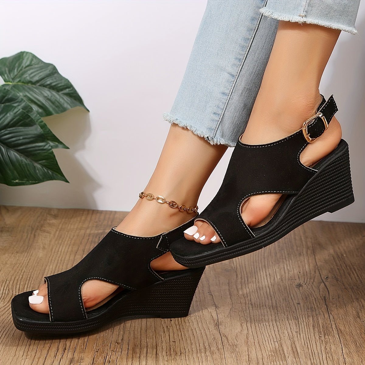 Women's Square Toe Wedge Sandals Cut out Buckle Strap Slingback Sandals