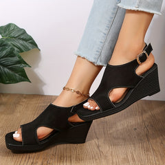 Women's Square Toe Wedge Sandals Cut out Buckle Strap Slingback Sandals