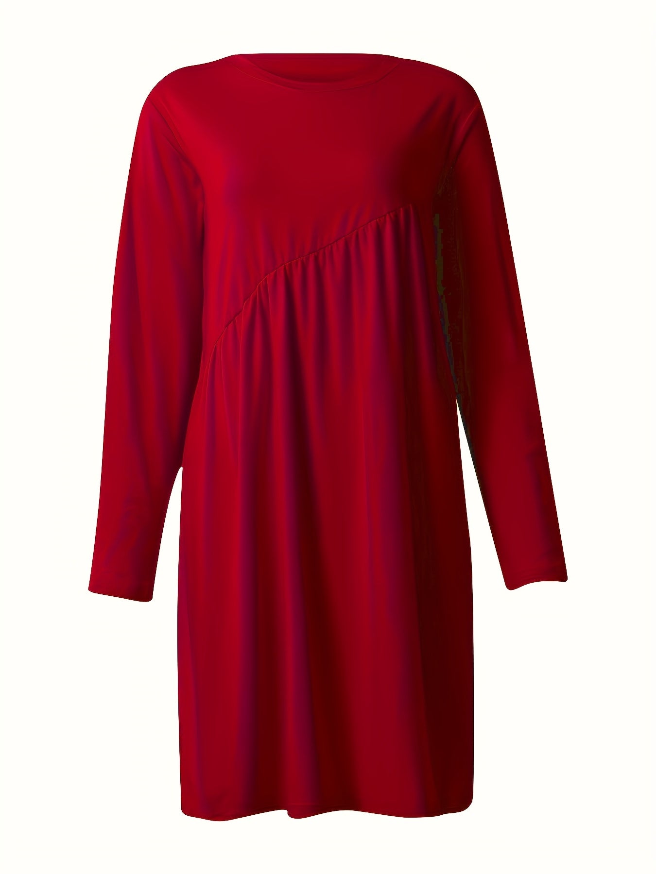 Solid Long Sleeve Tucked Dress Casual Crew Neck Dress For Spring & Fall