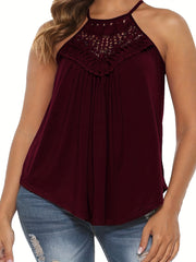 Casual Cami Top Women's Plus Contrast Lace Eyelet Round Neck