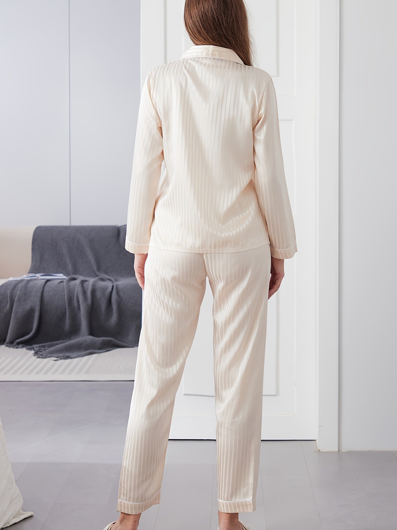 Stripe Print Satin Pajama Set Long Sleeve Top & Elastic Waistband Pants