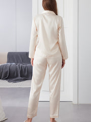 Stripe Print Satin Pajama Set Long Sleeve Top & Elastic Waistband Pants