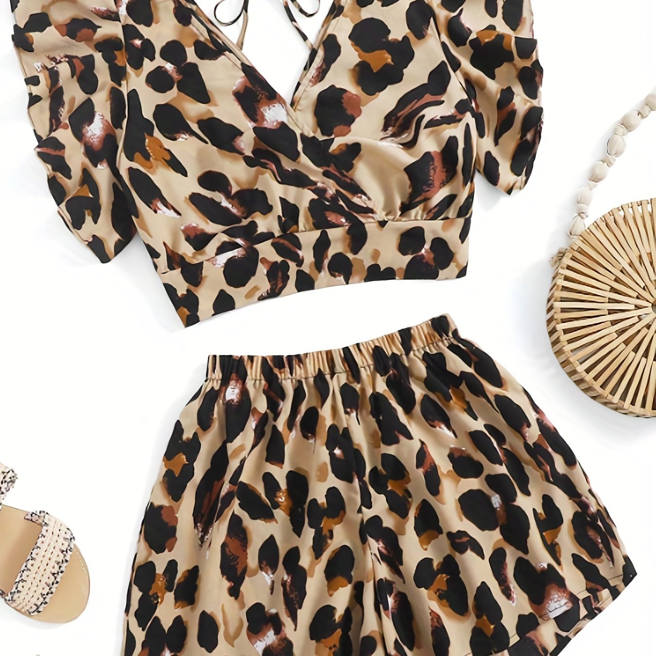 Leopard Print Two piece Set Ruffle Trim Tie Back Tops & Elastic Waist Sho