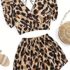 Leopard Print Two piece Set Ruffle Trim Tie Back Tops & Elastic Waist Sho