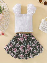 Cotton Flutter Sleeve Top & Flower Print Skirt Set