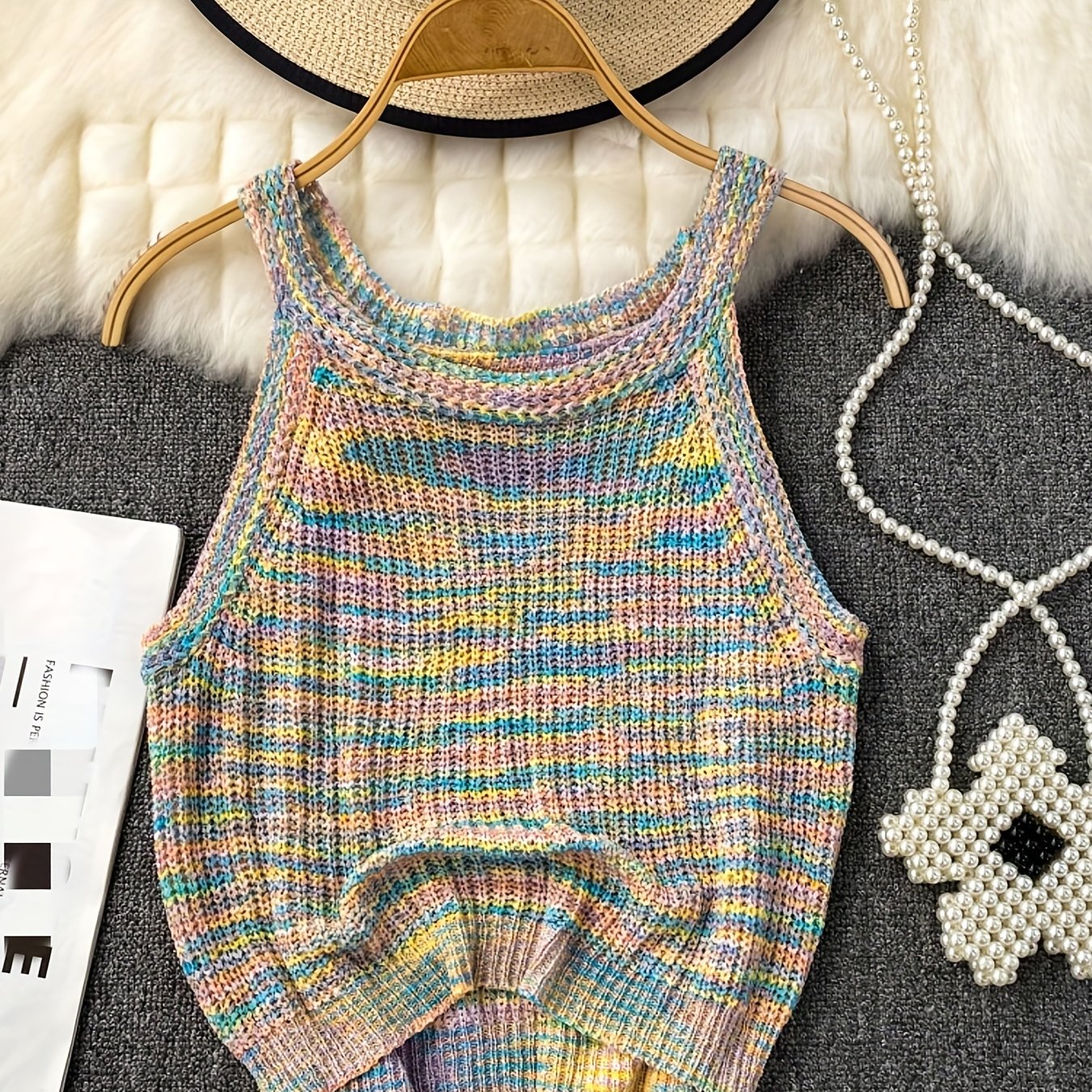 Colorful Knit Halter Neck Top Women's Clothing